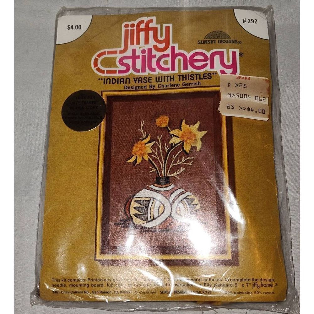 Vintage JIFFY STITCHERY "Indian Vase With Thistles" Charlene Gerrish. NIP